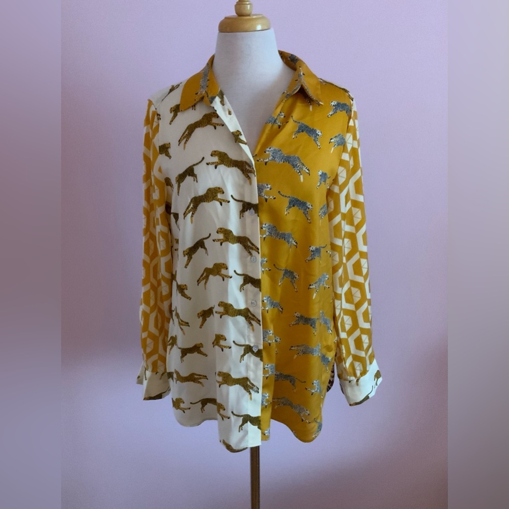 Rose & Olive Mustard and Cream Leopard Print Button-Up Blouse